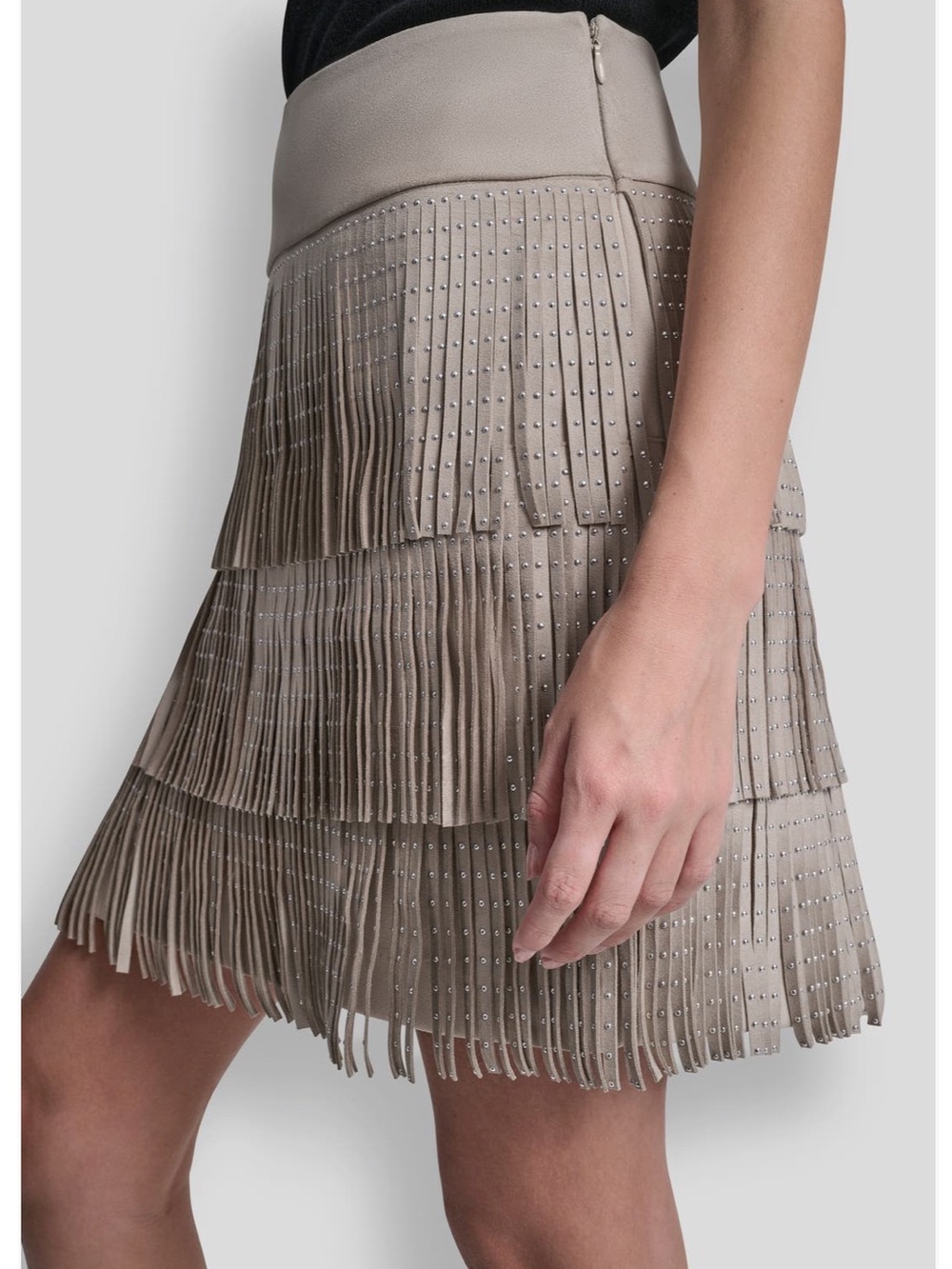DKNY Studded Fringe Taupe Beige Tiered Faux Suede Mini Skirt Edgy - Picture 5 of 8